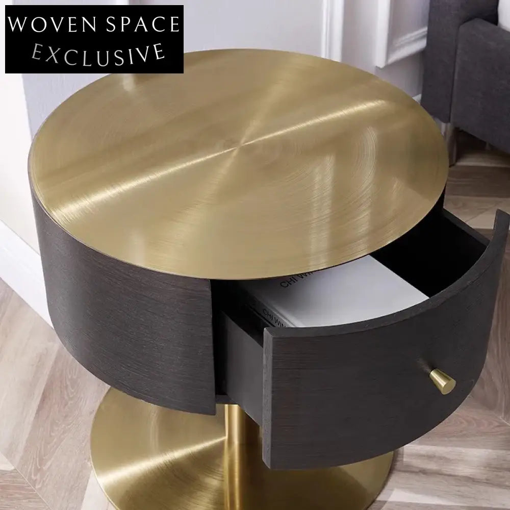 Modern Round Wood Metal Nightstand Side Table for Bedroom Living Room