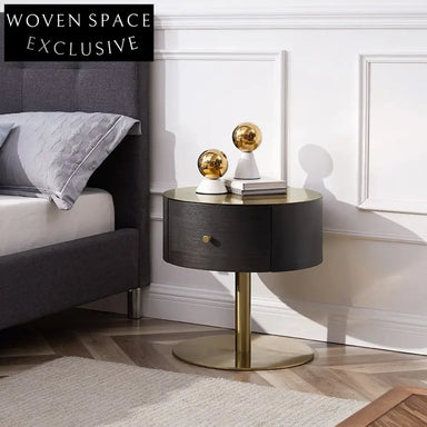 Modern Round Wood Metal Nightstand Side Table for Bedroom Living Room