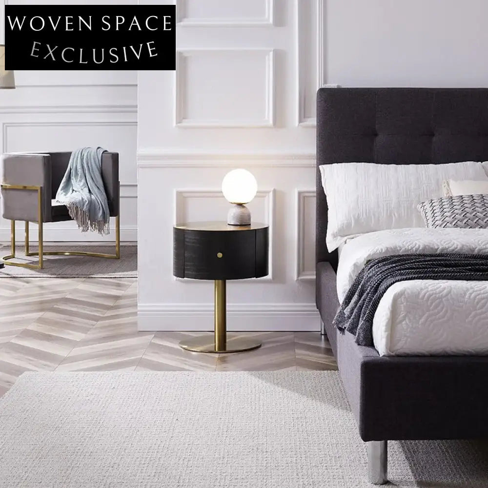 Modern Round Wood Metal Nightstand Side Table for Bedroom Living Room