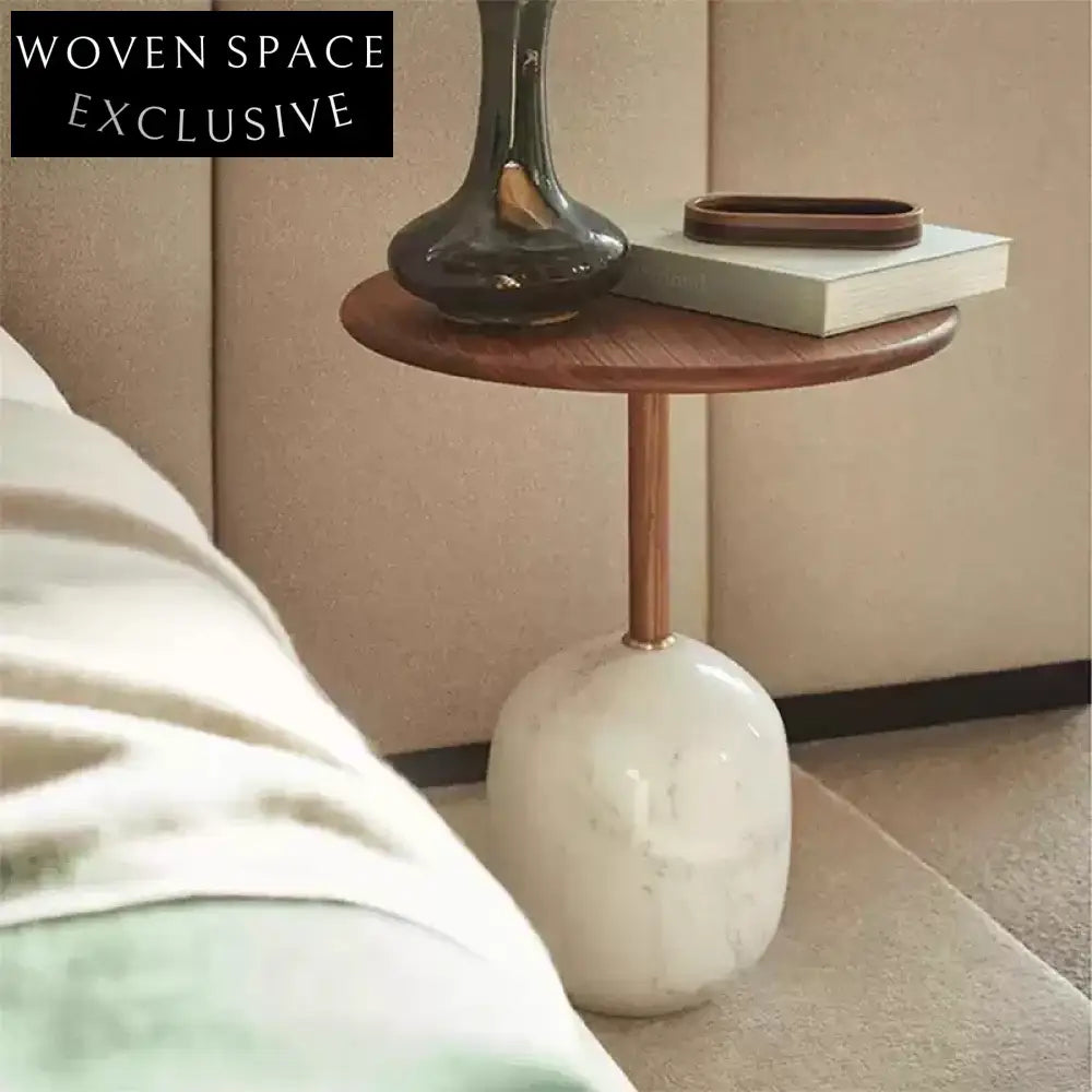 Modern Round Wood Top Natural Marble Base Living Room Coffee Table