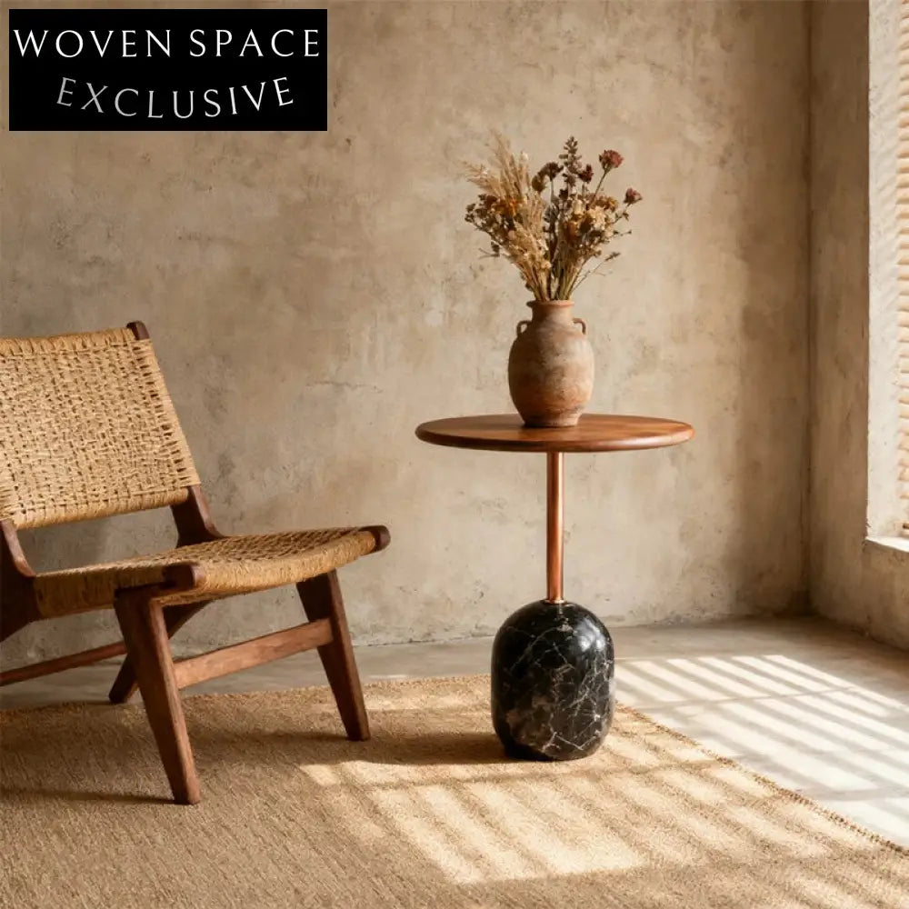 Modern Round Wood Top Natural Marble Base Living Room Coffee Table