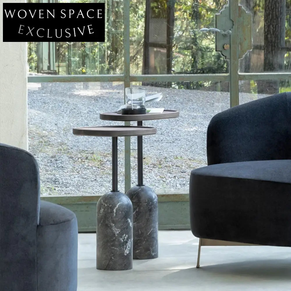 Modern Round Wooden Top Side Coffee Table with Elegant Marble Base for Living Room