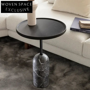 Modern Round Wooden Top Side Coffee Table with Elegant Marble Base for Living Room