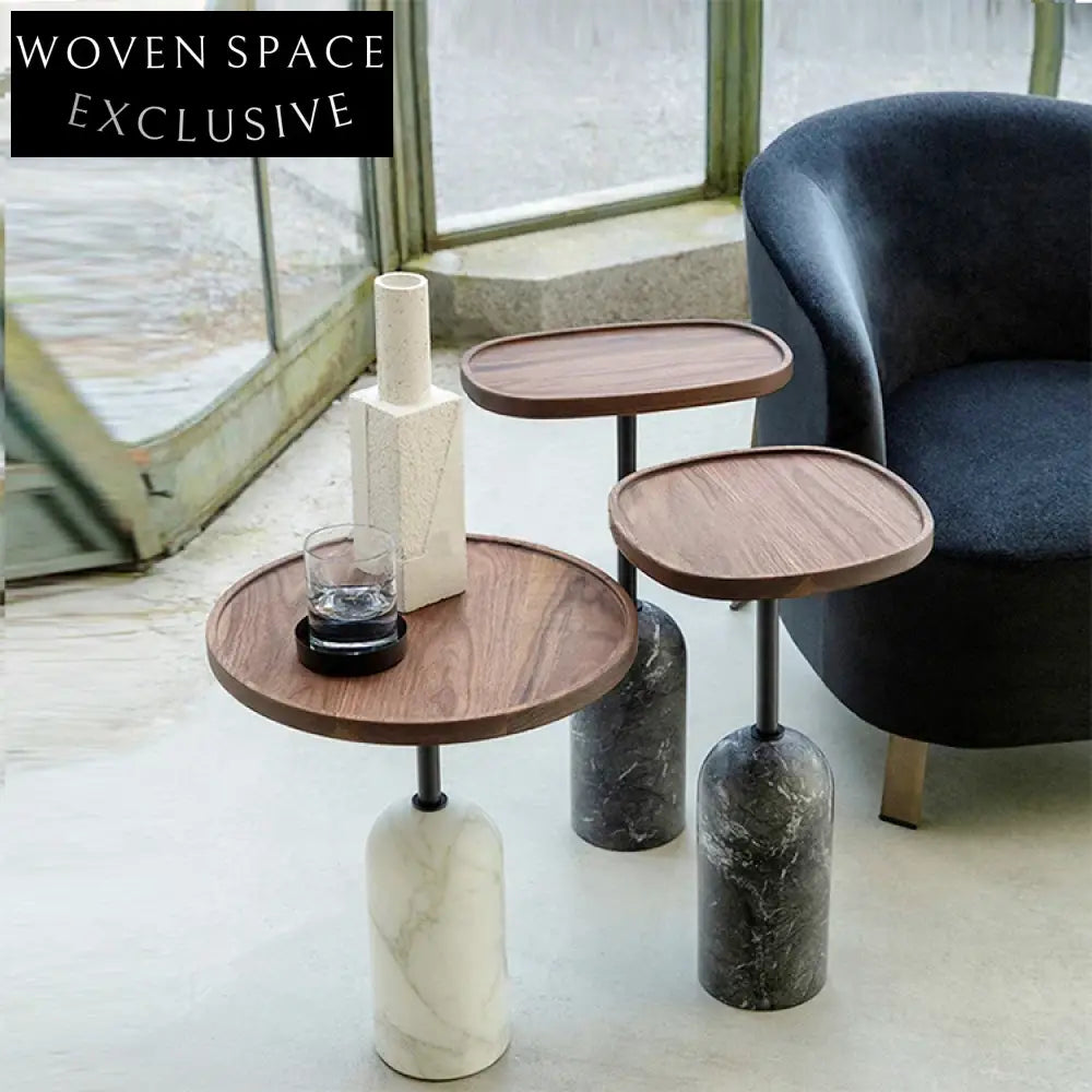 Modern Round Wooden Top Side Coffee Table with Elegant Marble Base for Living Room