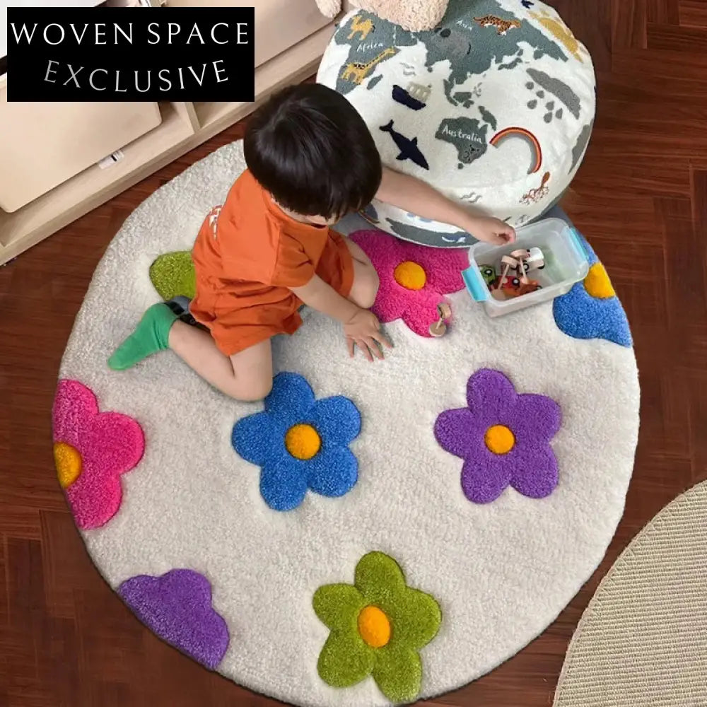Modern Round Wool Rug for Little Girls' Bedroom, Abstract Fresh Flower Design
