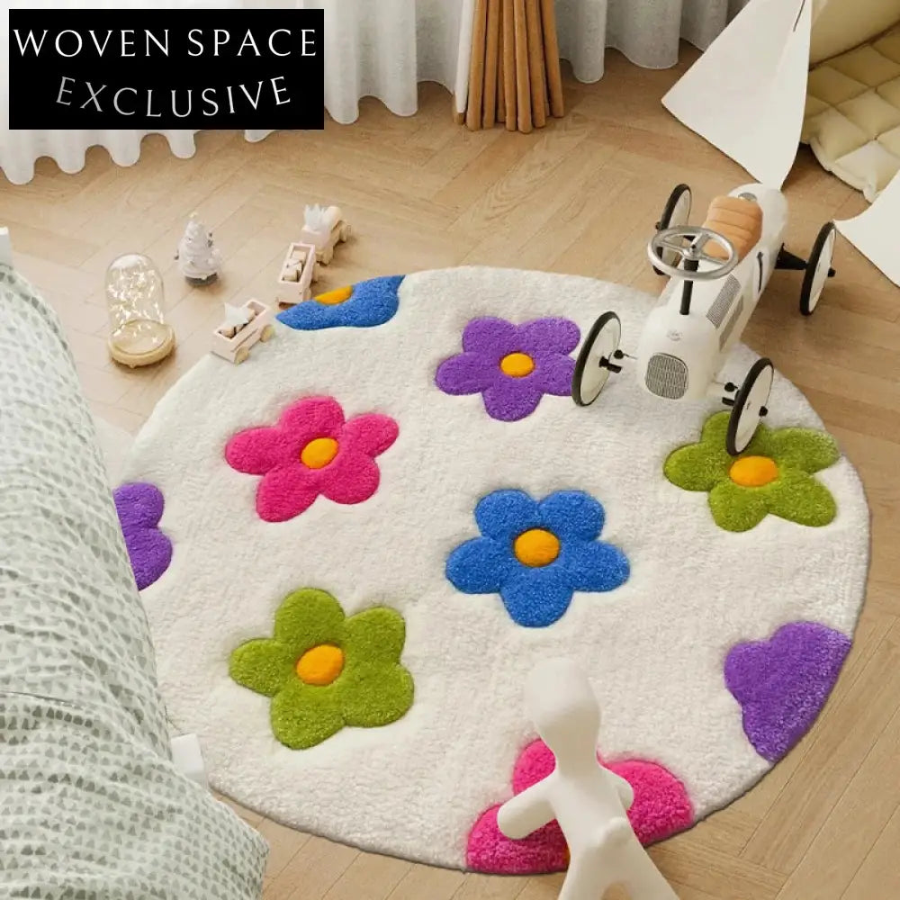 Modern Round Wool Rug for Little Girls' Bedroom, Abstract Fresh Flower Design