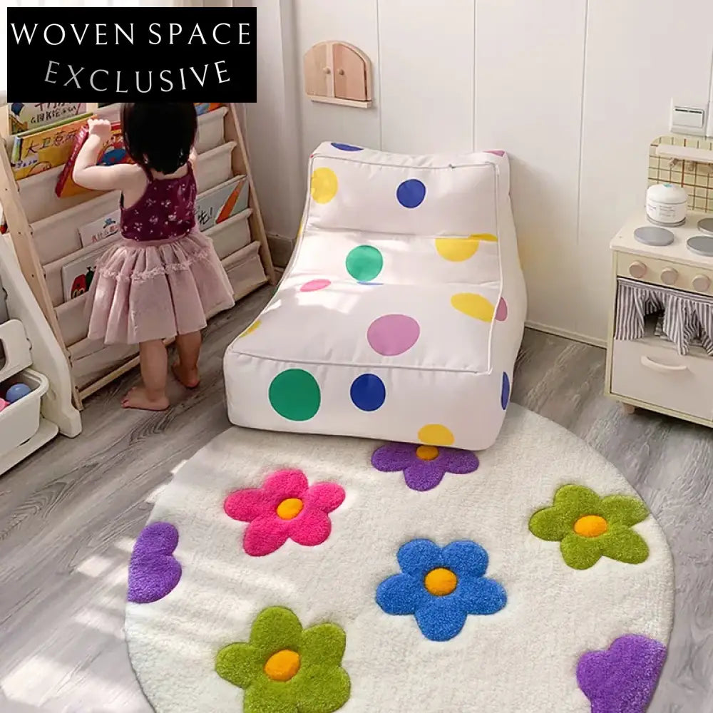 Modern Round Wool Rug for Little Girls' Bedroom, Abstract Fresh Flower Design