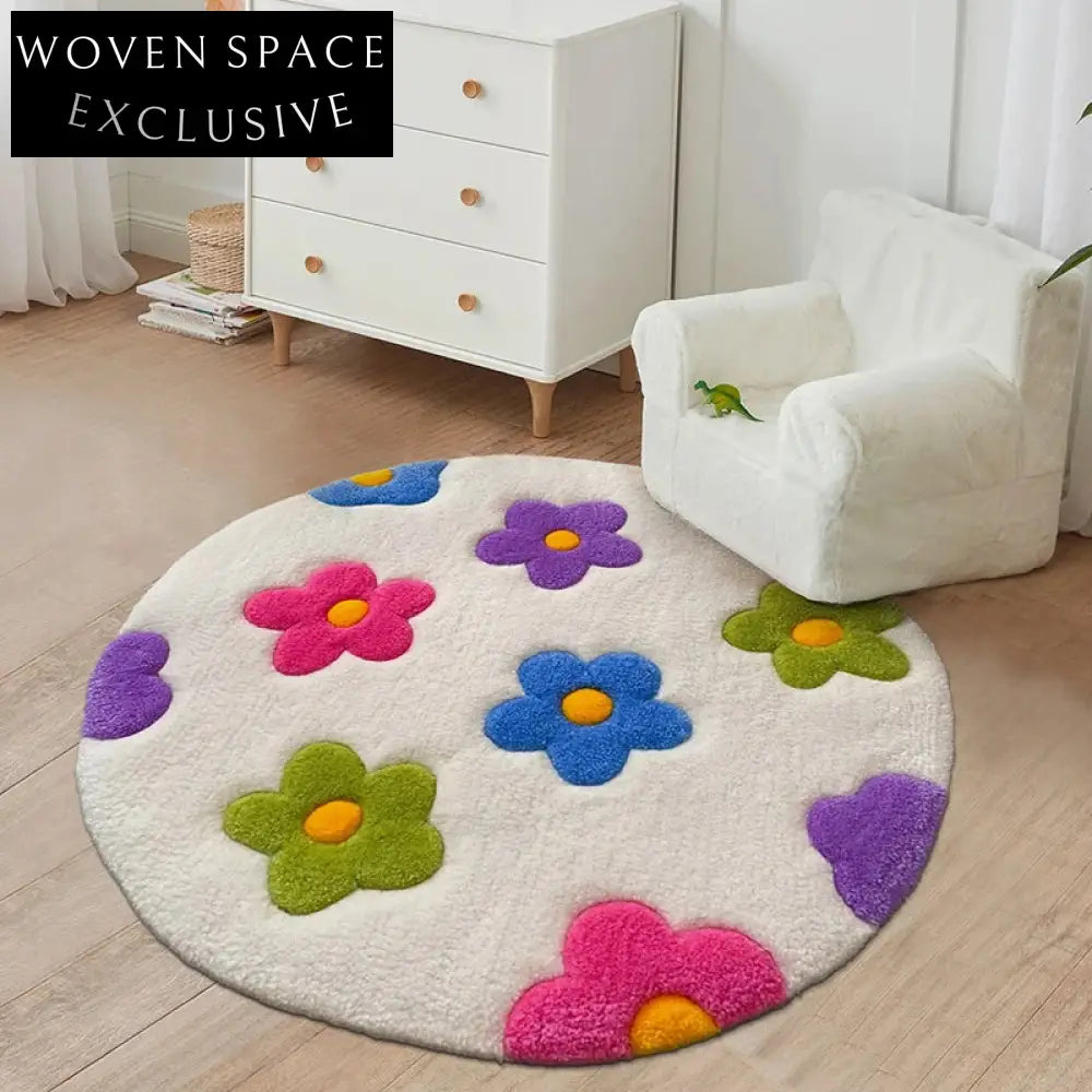 Modern Round Wool Rug for Little Girls' Bedroom, Abstract Fresh Flower Design