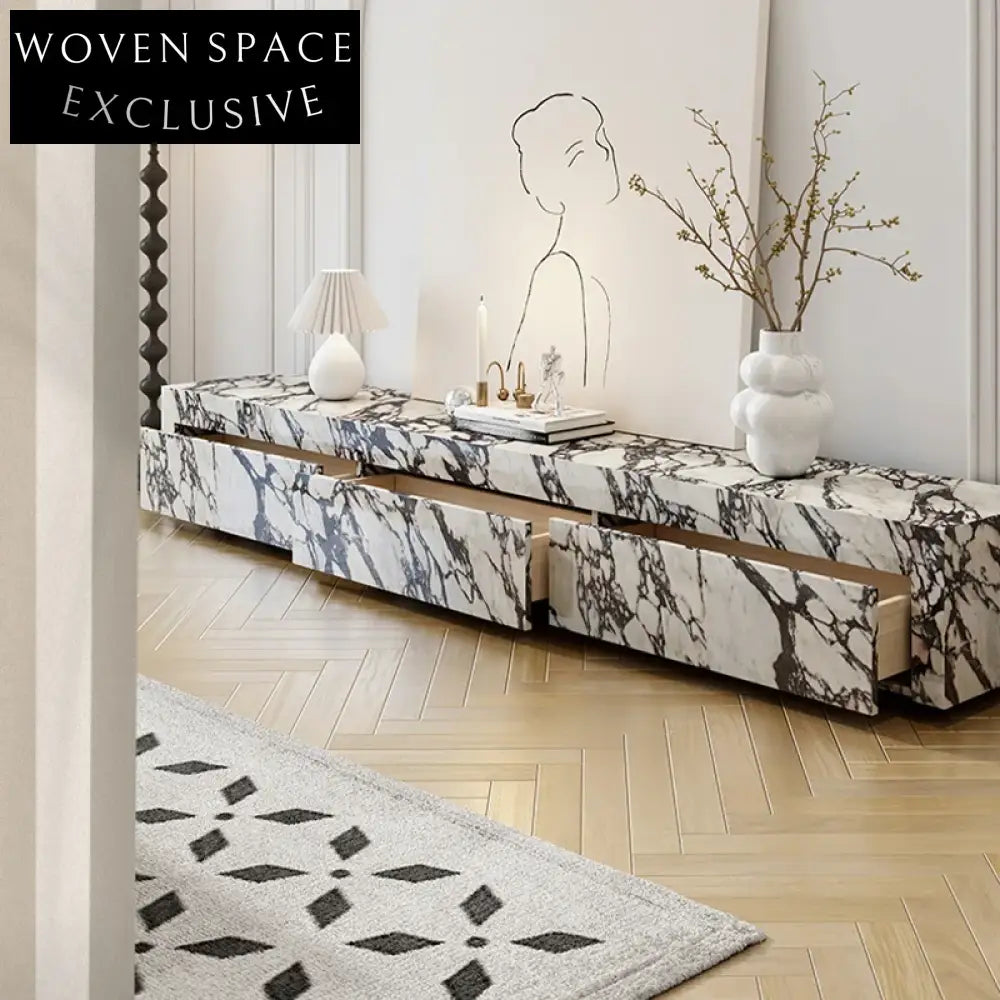 Modern Sintered Stone Media Console with Wood Drawers TV Stand