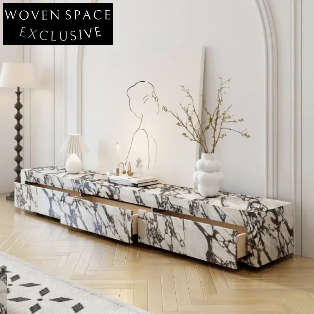 Modern Sintered Stone Media Console with Wood Drawers TV Stand