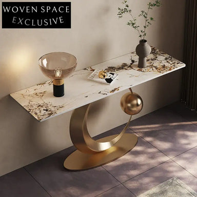 Modern Slim Rectangle Slate Top Console Table with Elegant Gold Base