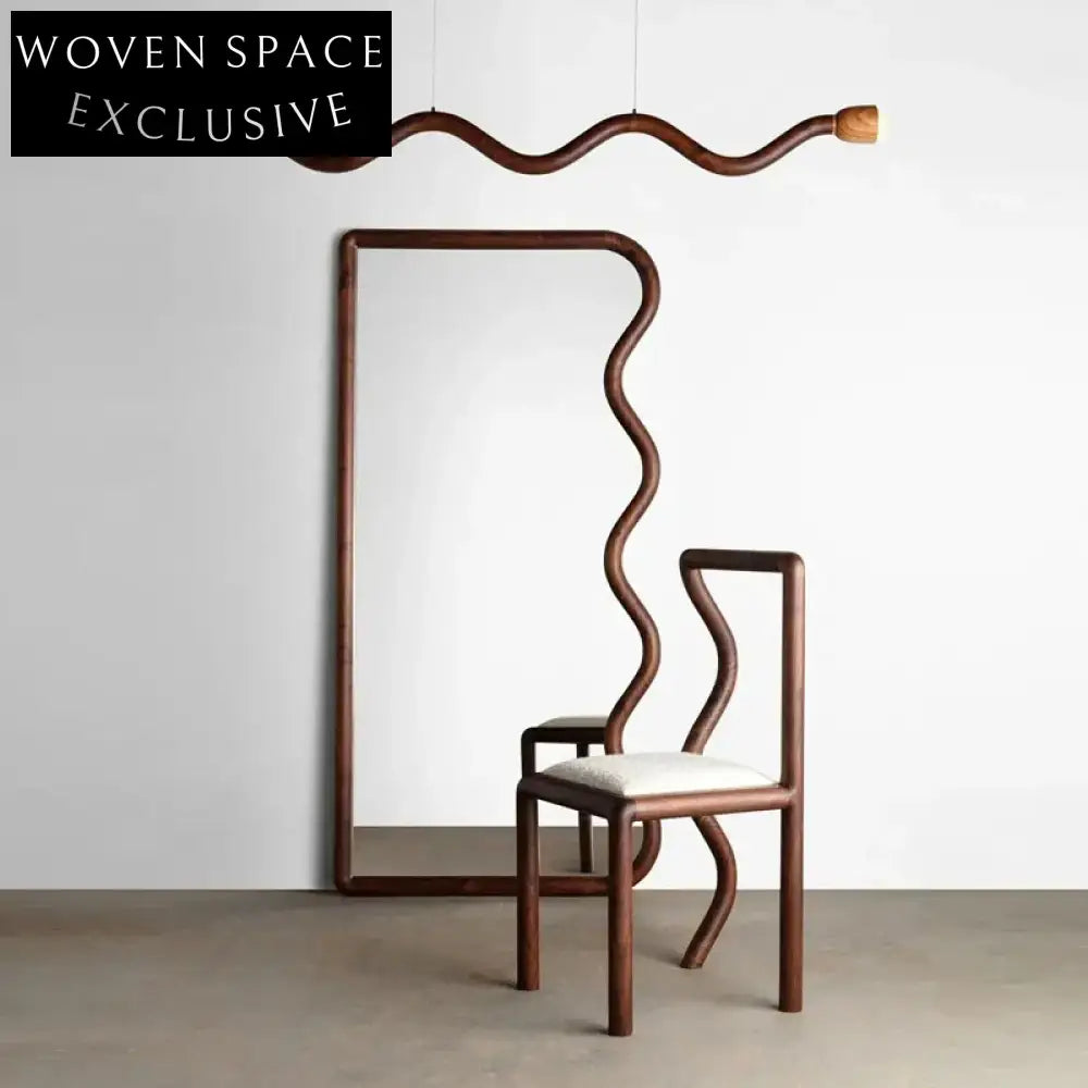 Modern Solid Oak Wavy Design Boucle Upholstered Comfortable Dining Chair