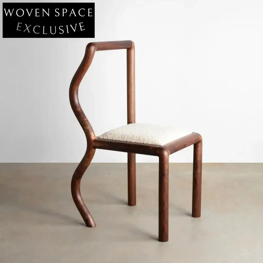 Modern Solid Oak Wavy Design Boucle Upholstered Comfortable Dining Chair