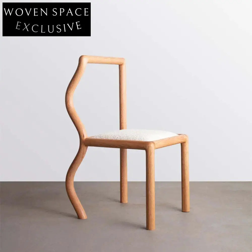 Modern Solid Oak Wavy Design Boucle Upholstered Comfortable Dining Chair