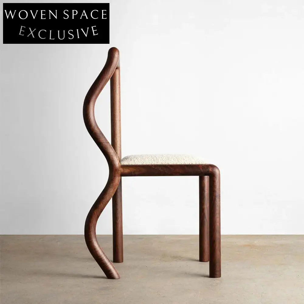 Modern Solid Oak Wavy Design Boucle Upholstered Comfortable Dining Chair