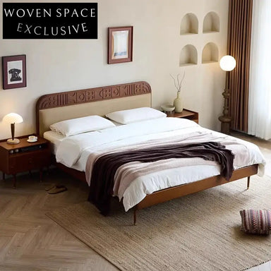 Modern Solid Oak Wood High Headboard Upholstered Bedroom Platform Bed Frame