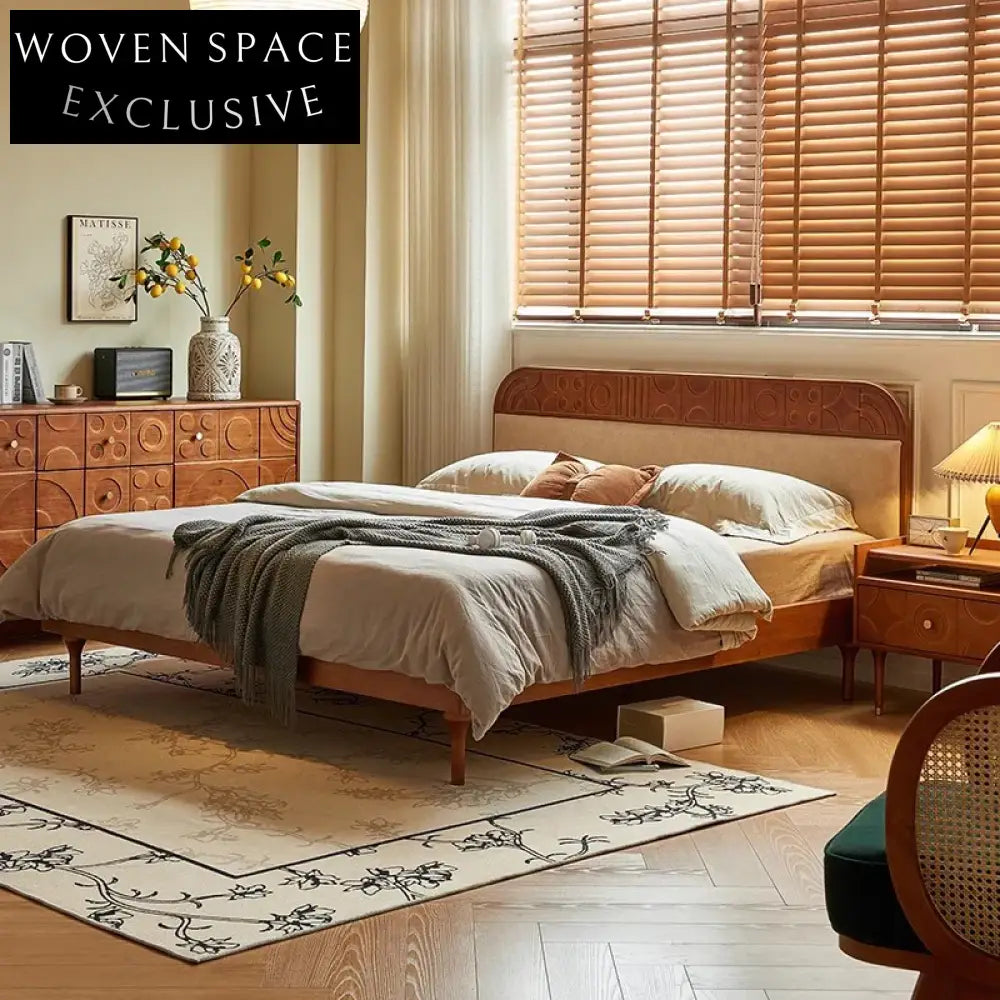 Modern Solid Oak Wood High Headboard Upholstered Bedroom Platform Bed Frame