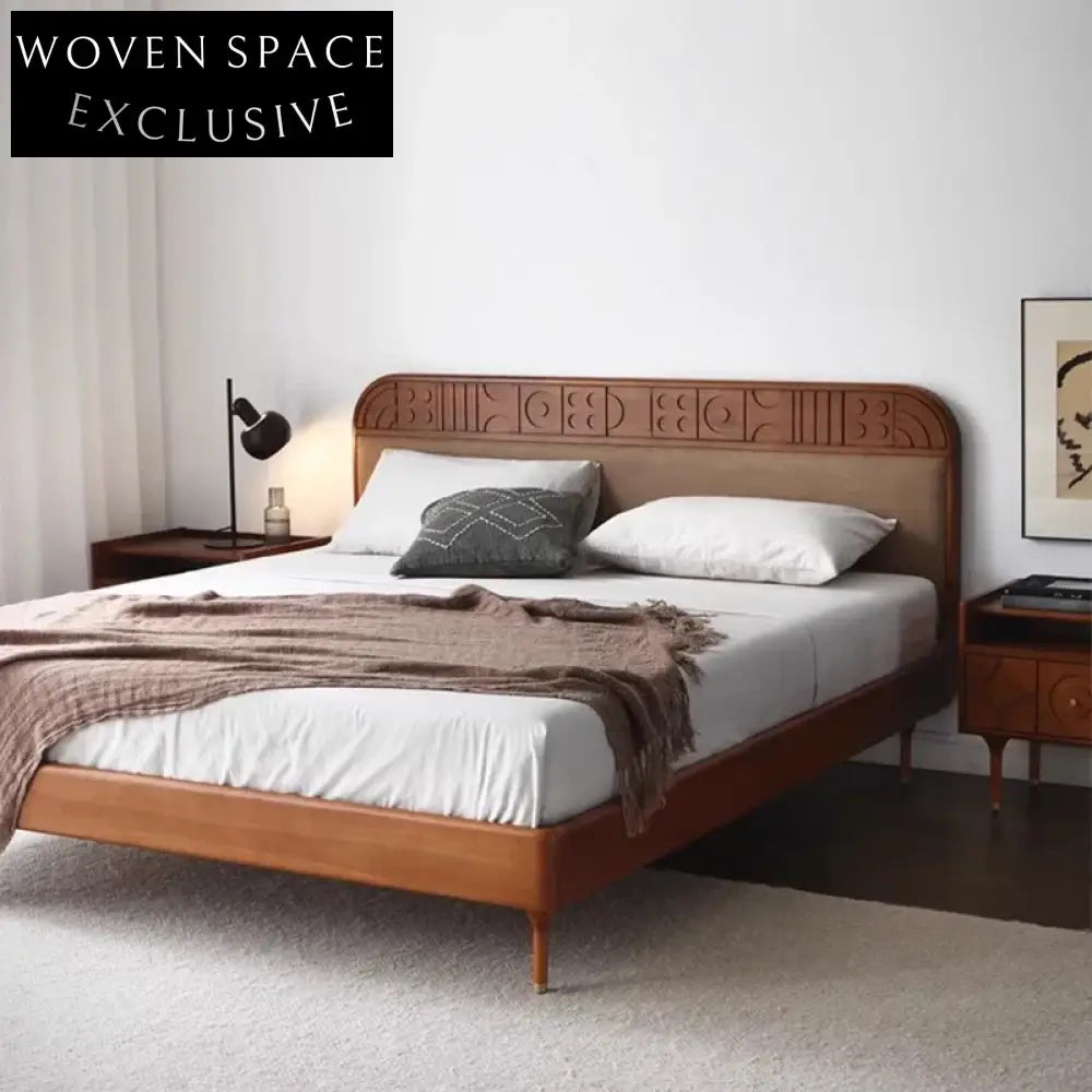 Modern Solid Oak Wood High Headboard Upholstered Bedroom Platform Bed Frame