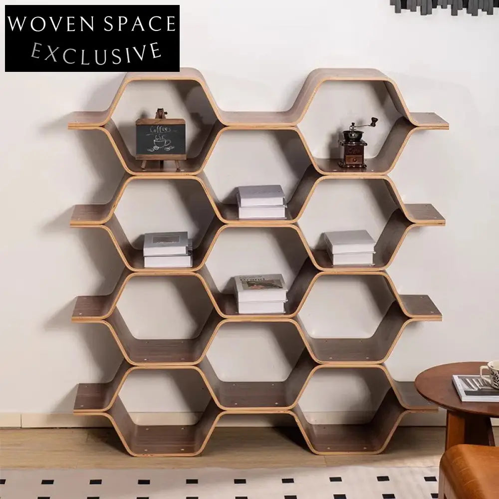 Modern Solid Walnut Wood Honeycomb Bookshelf, Geometric Display Console, Wall Storage Unit