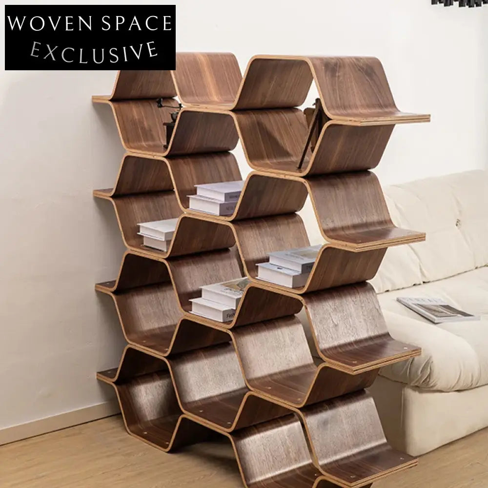 Modern Solid Walnut Wood Honeycomb Bookshelf, Geometric Display Console, Wall Storage Unit