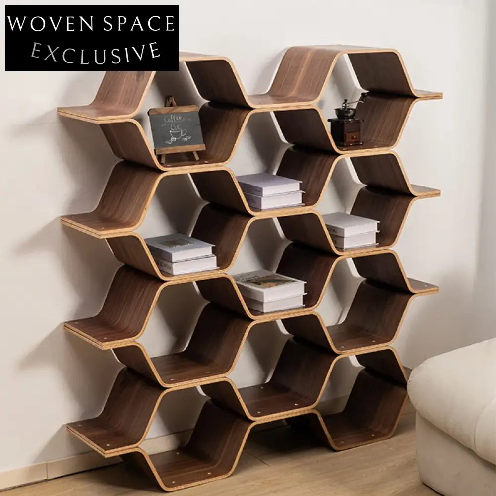Modern Solid Walnut Wood Honeycomb Bookshelf, Geometric Display Console, Wall Storage Unit