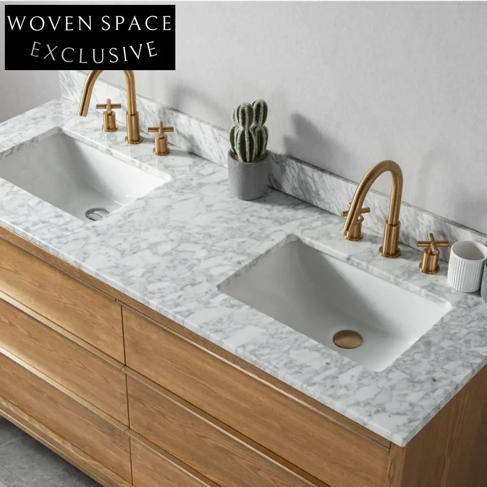 Modern Solid Wood Bathroom Vanity with Sink, Oak Finish, Soft-Close Drawers