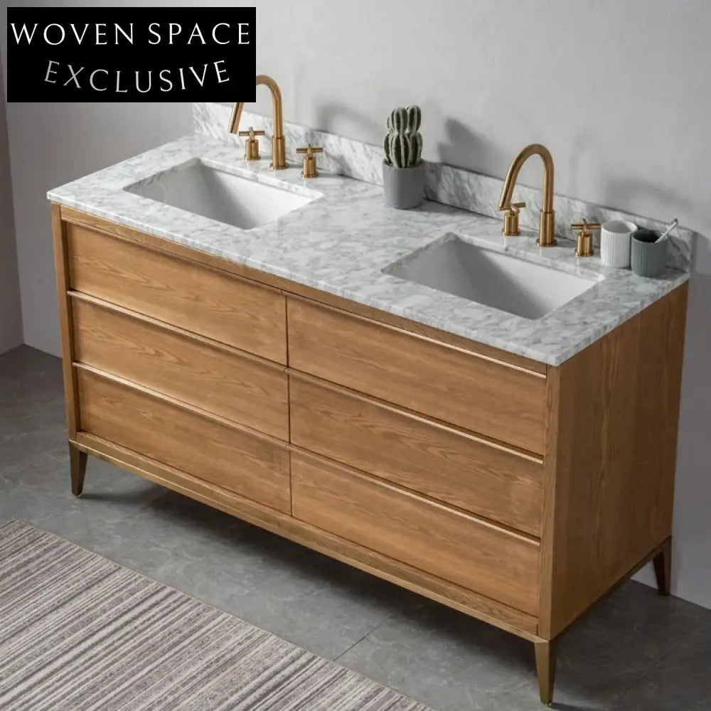 Modern Solid Wood Bathroom Vanity with Sink, Oak Finish, Soft-Close Drawers