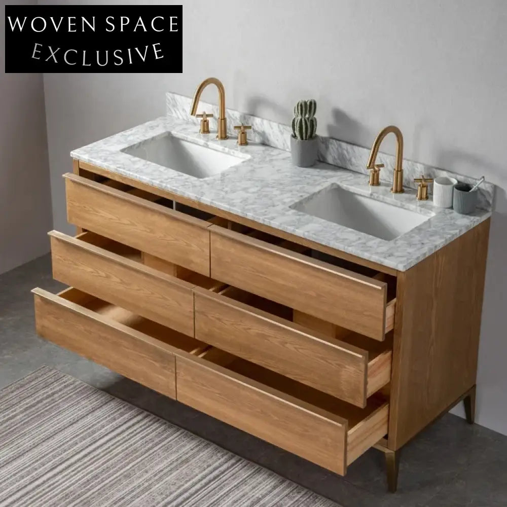Modern Solid Wood Bathroom Vanity with Sink, Oak Finish, Soft-Close Drawers