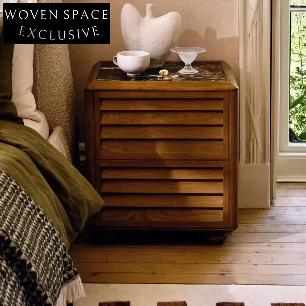 Modern Solid Wood Bedside Table, Natural Marble Top, Storage Drawer Nightstand