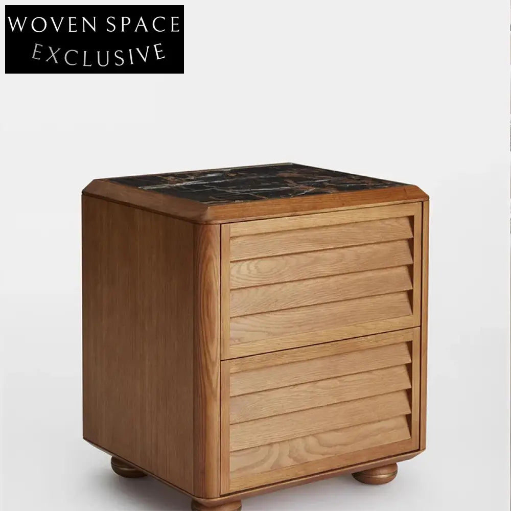 Modern Solid Wood Bedside Table, Natural Marble Top, Storage Drawer Nightstand