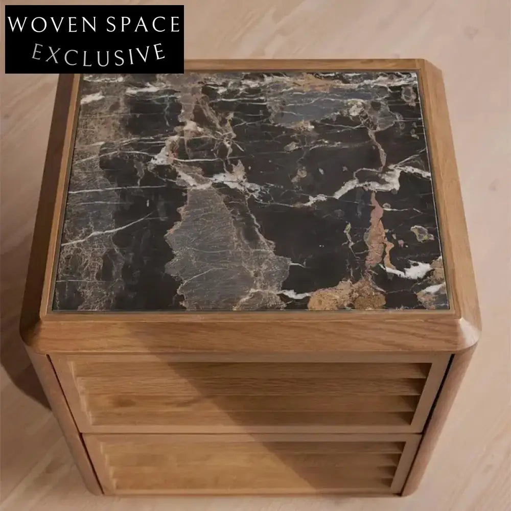 Modern Solid Wood Bedside Table, Natural Marble Top, Storage Drawer Nightstand