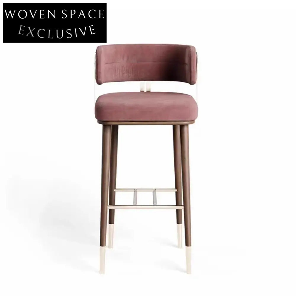 Modern Solid Wood Brass Base Curved Back High-Leg Bar Stool