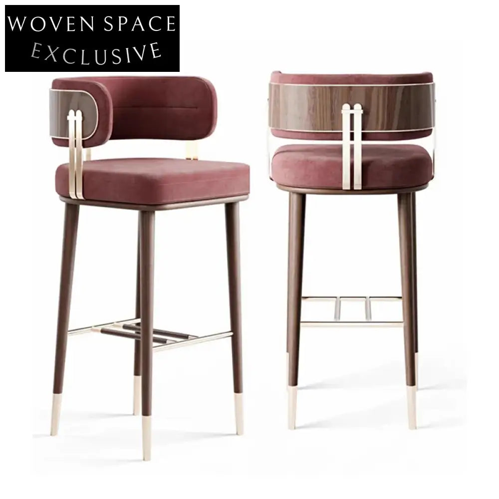 Modern Solid Wood Brass Base Curved Back High-Leg Bar Stool