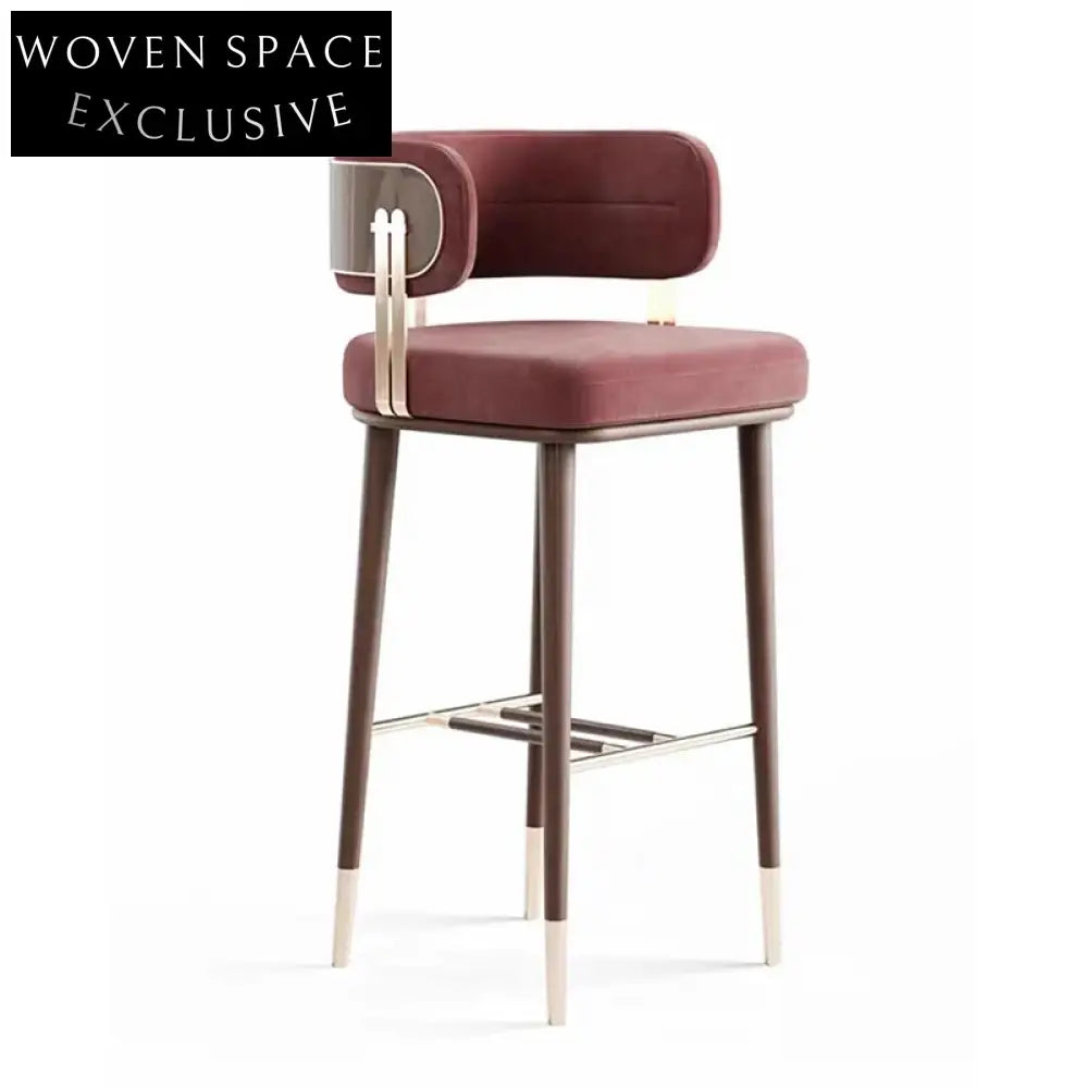 Modern Solid Wood Brass Base Curved Back High-Leg Bar Stool