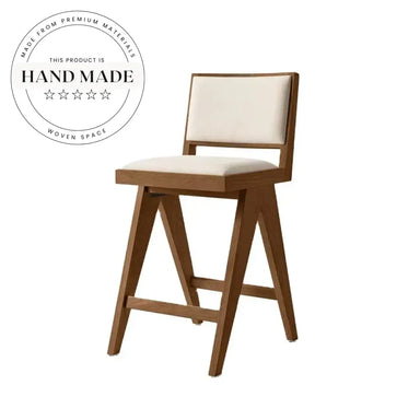 Modern Solid Wood Counter Stool, Leather & Linen Fabric Bar Chair