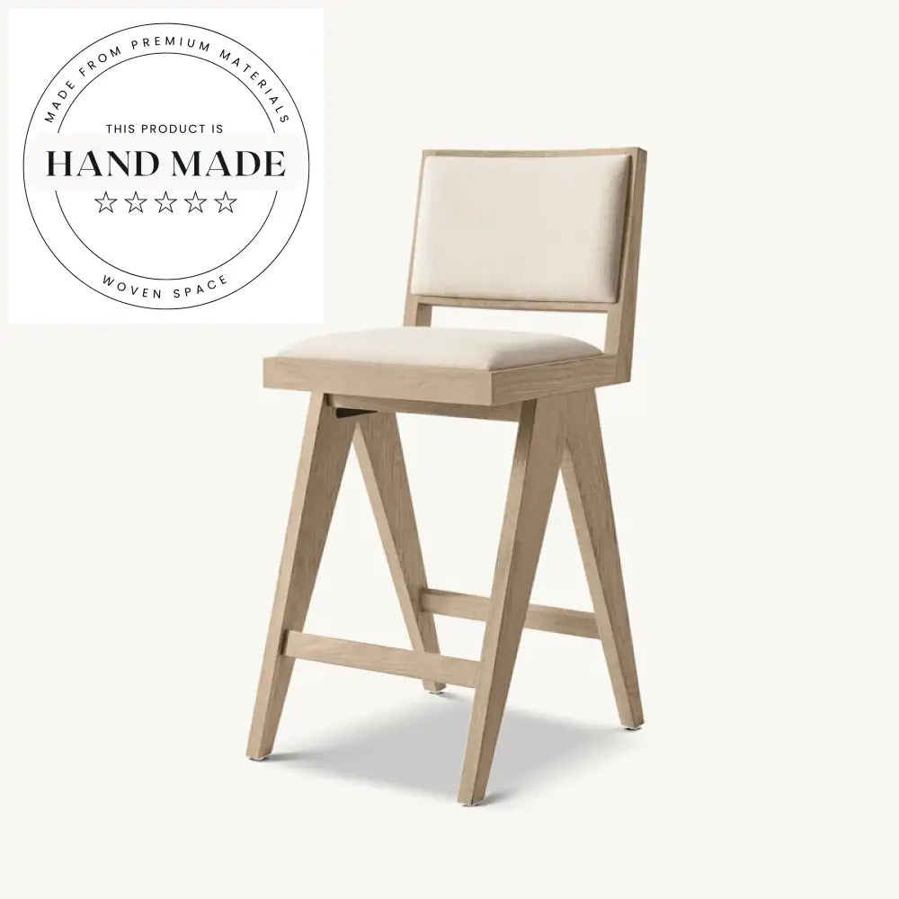 Modern Solid Wood Counter Stool, Leather & Linen Fabric Bar Chair