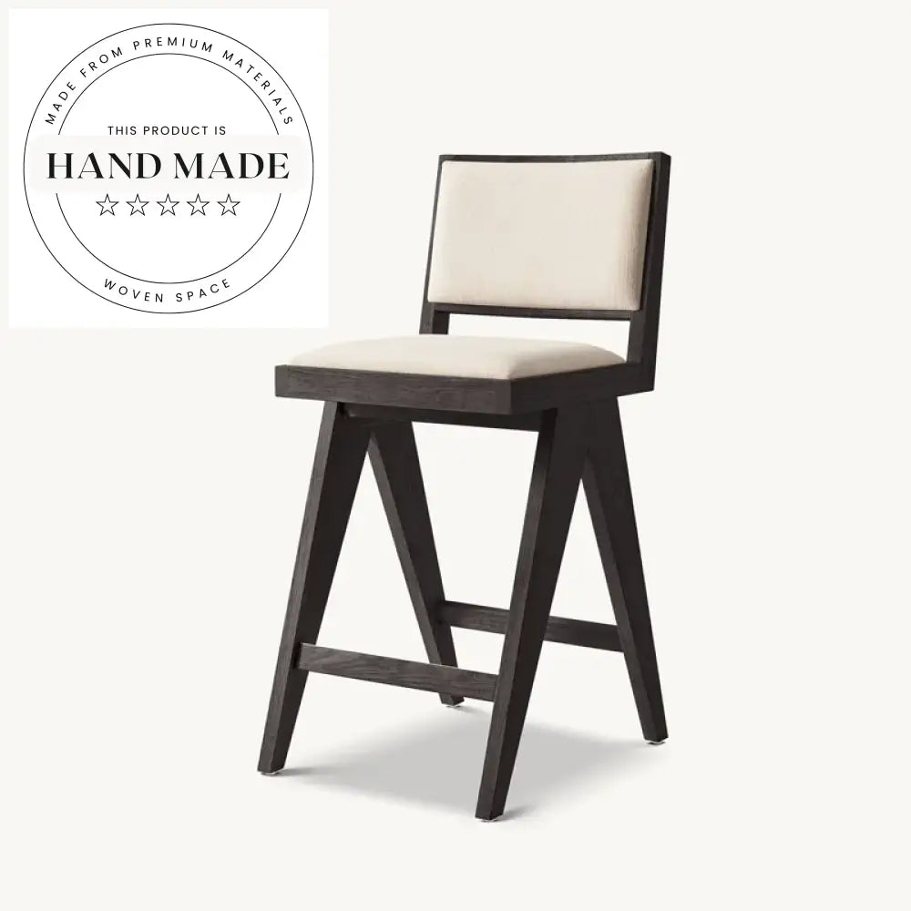 Modern Solid Wood Counter Stool, Leather & Linen Fabric Bar Chair