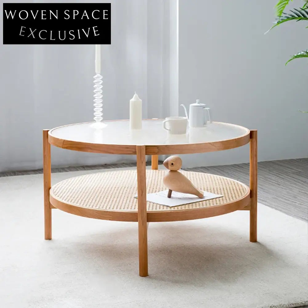 Modern Solid Wood & Glass Coffee Table Set with Rattan Accents Coffee Table
