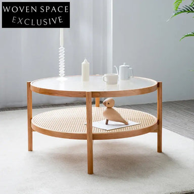 Modern Solid Wood & Glass Coffee Table Set with Rattan Accents Coffee Table