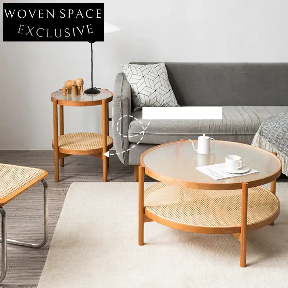 Modern Solid Wood & Glass Coffee Table Set with Rattan Accents Coffee Table