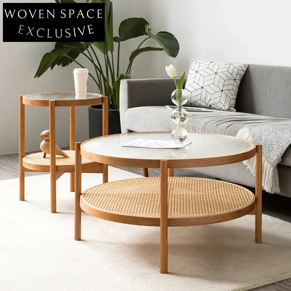 Modern Solid Wood & Glass Coffee Table Set with Rattan Accents Coffee Table