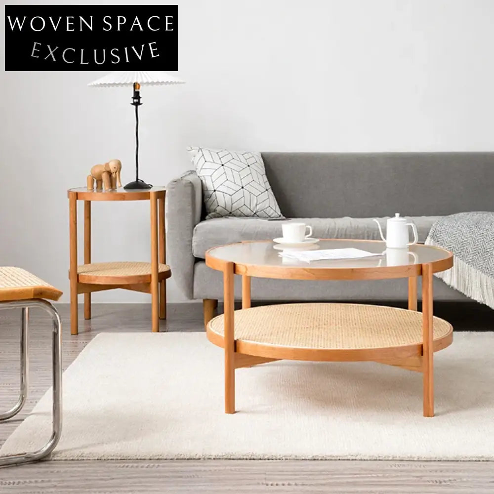 Modern Solid Wood & Glass Coffee Table Set with Rattan Accents Coffee Table