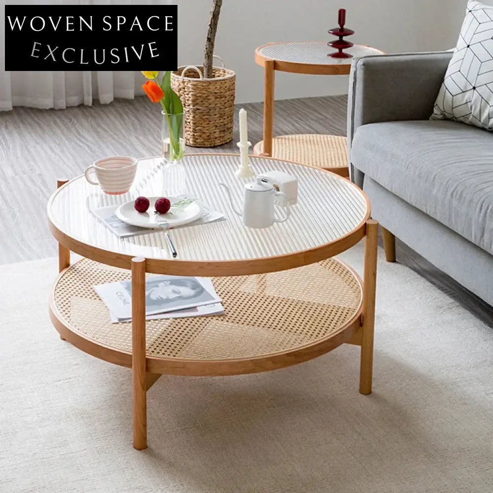 Modern Solid Wood & Glass Coffee Table Set with Rattan Accents Coffee Table