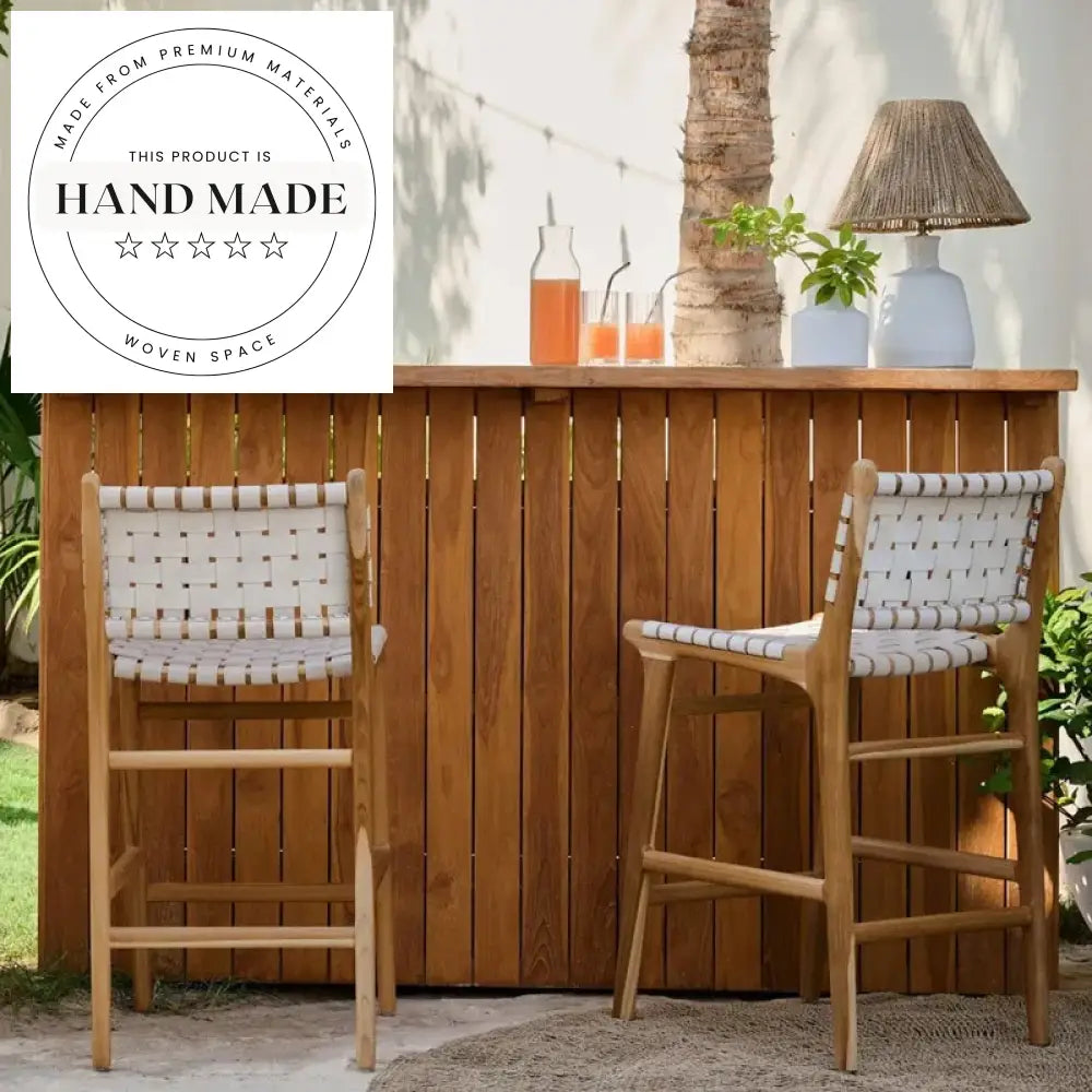 Modern Solid Wood Leather Woven Bar Height Counter Stool