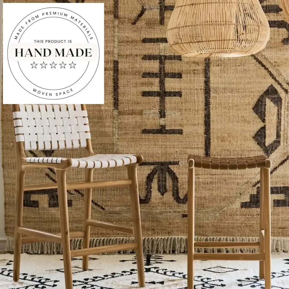 Modern Solid Wood Leather Woven Bar Height Counter Stool