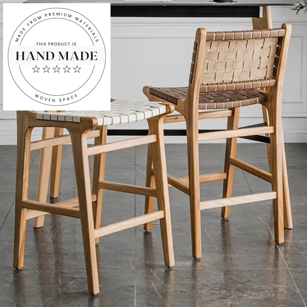 Modern Solid Wood Leather Woven Bar Height Counter Stool