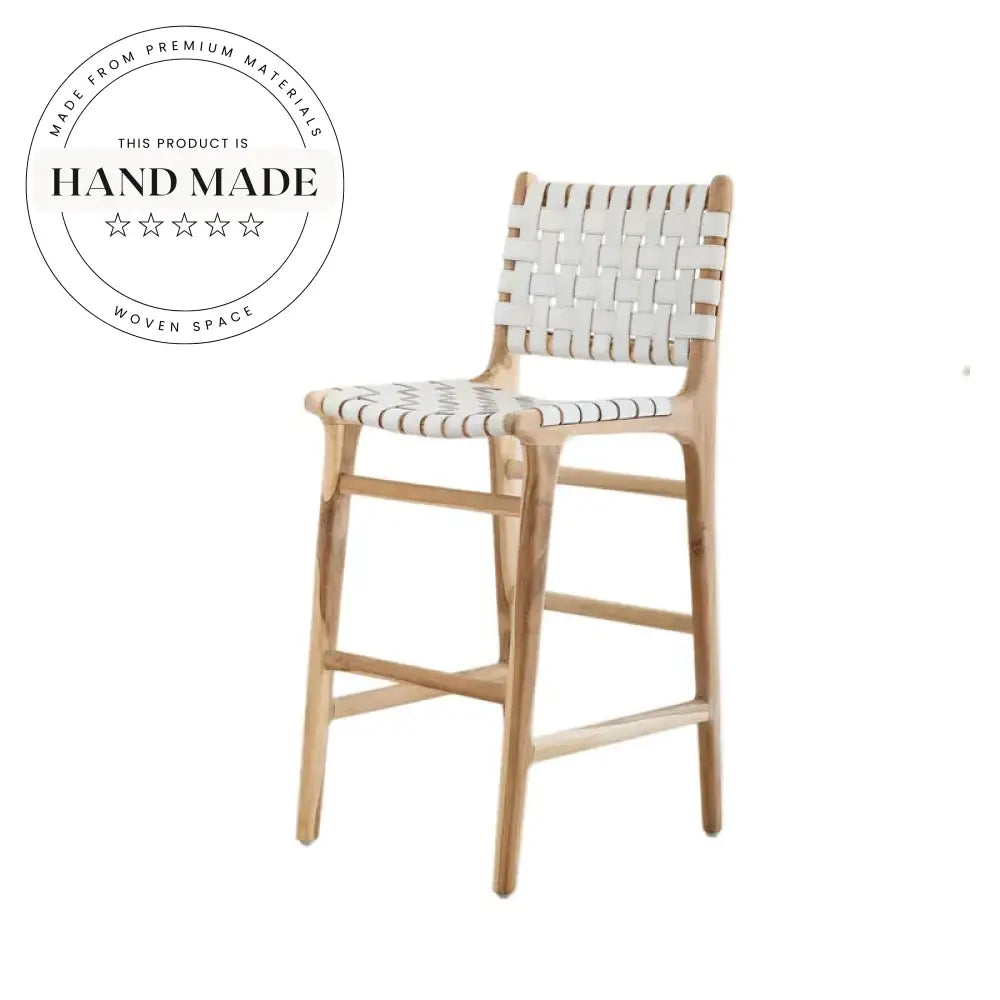 Modern Solid Wood Leather Woven Bar Height Counter Stool