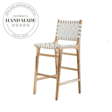 Modern Solid Wood Leather Woven Bar Height Counter Stool