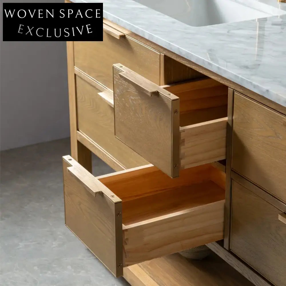 Modern Solid Wood Light Oak Bathroom Vanity with Marble Top and Drawers