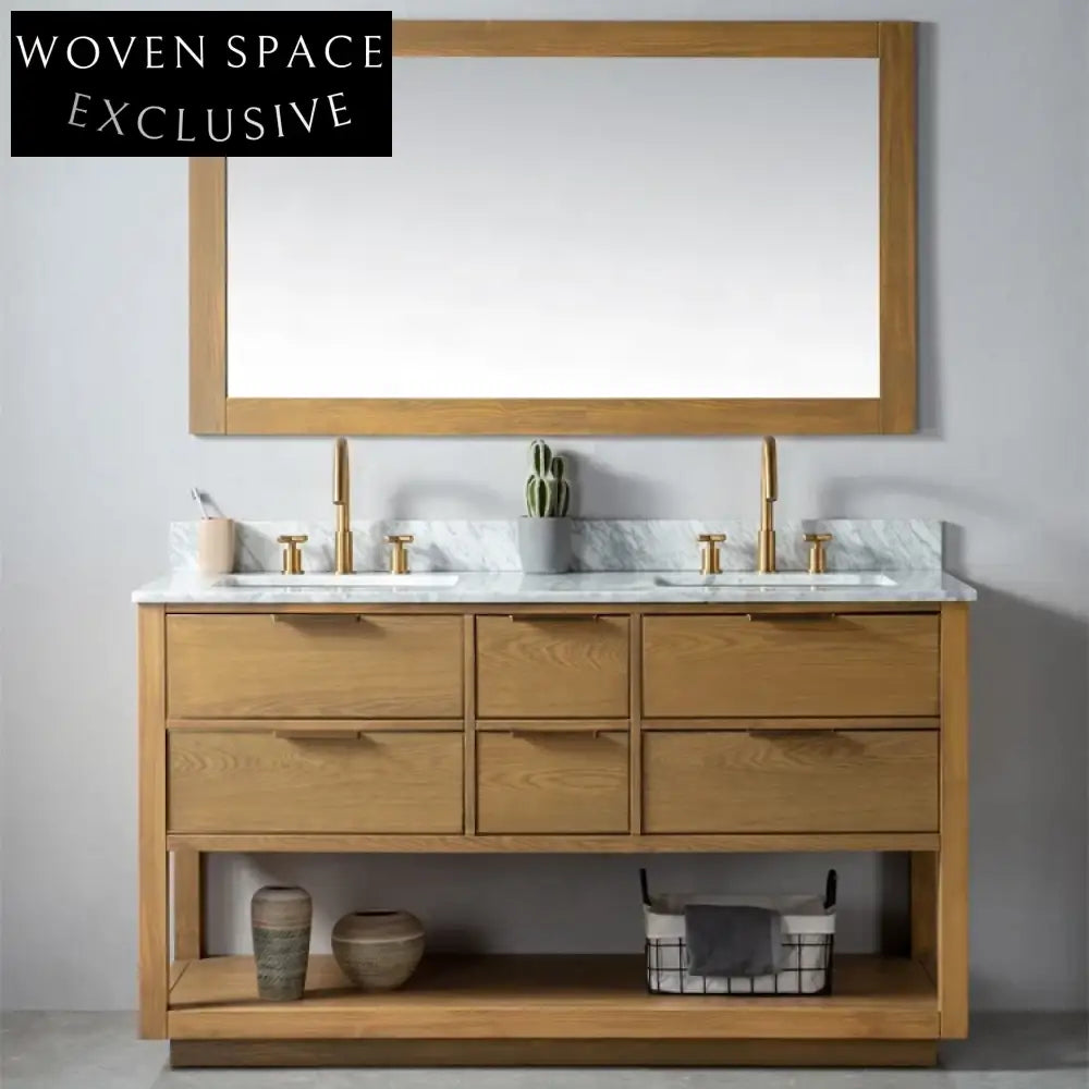 Modern Solid Wood Light Oak Bathroom Vanity with Marble Top and Drawers